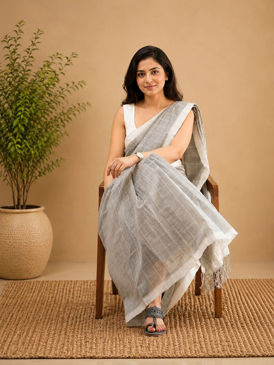 Vasudha Khadi Cotton Handloom Saree Light Gray