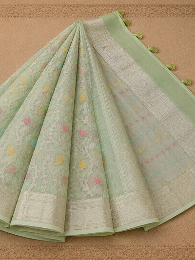 Tarini Jamdani Kora Banarasi Silk Saree Pistachio Green