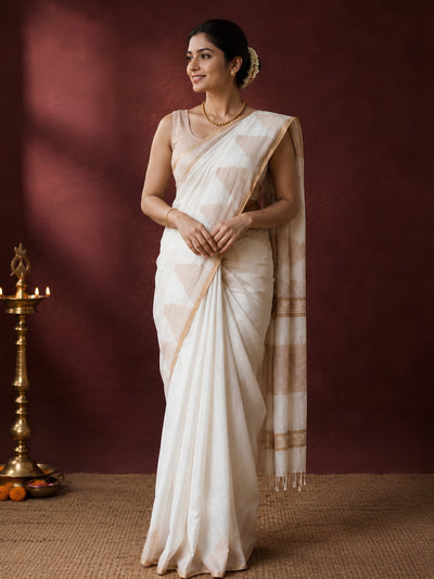 Manohari Pure Linen Handloom Temple Border Saree Ivory White