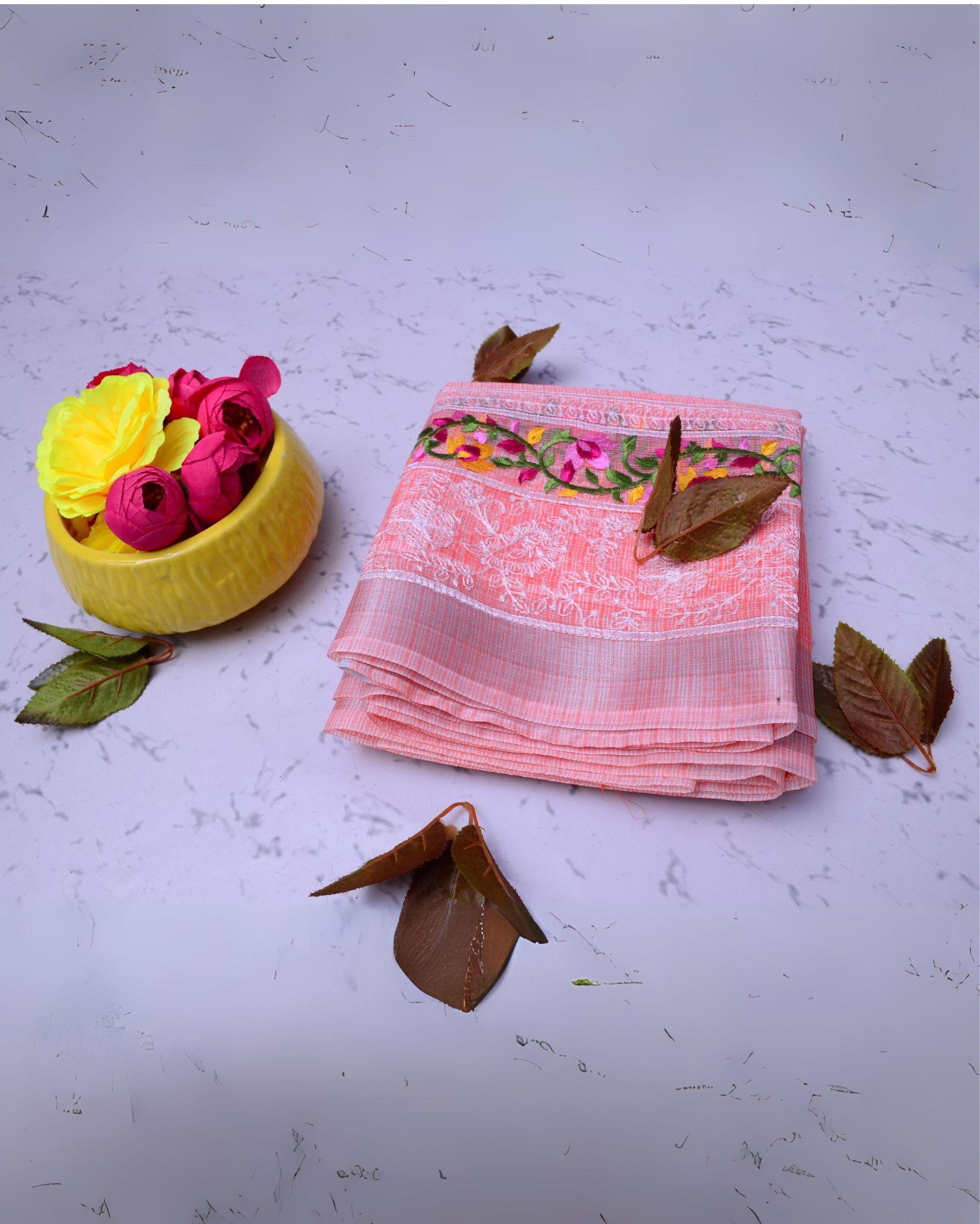 Indiehaat | Kota Doria Pink Saree Embroidery with Running Blouse