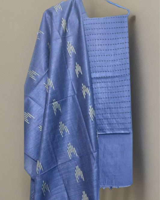 3891-Handcrafted Katan Silk Blue Suit Piece with Bottom and Dupatta