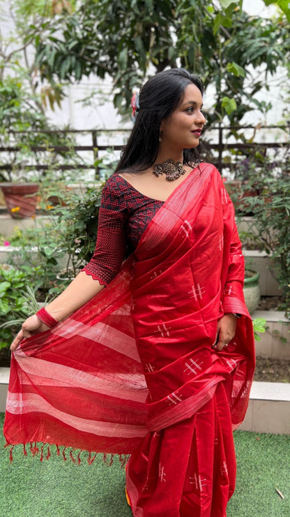 Katan Silk Saree Red Handcrafted