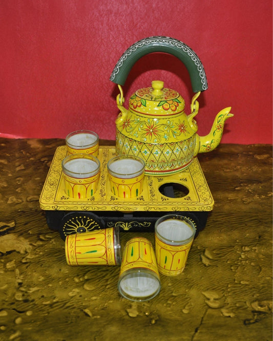 Playful Hand Painted Yellow Aluminium Tea Kettle Set