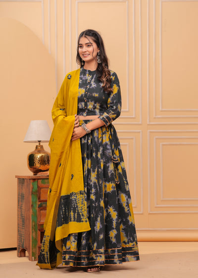 Festive Fusion Blockprinted Stormy Gray Lehanga Choli Set