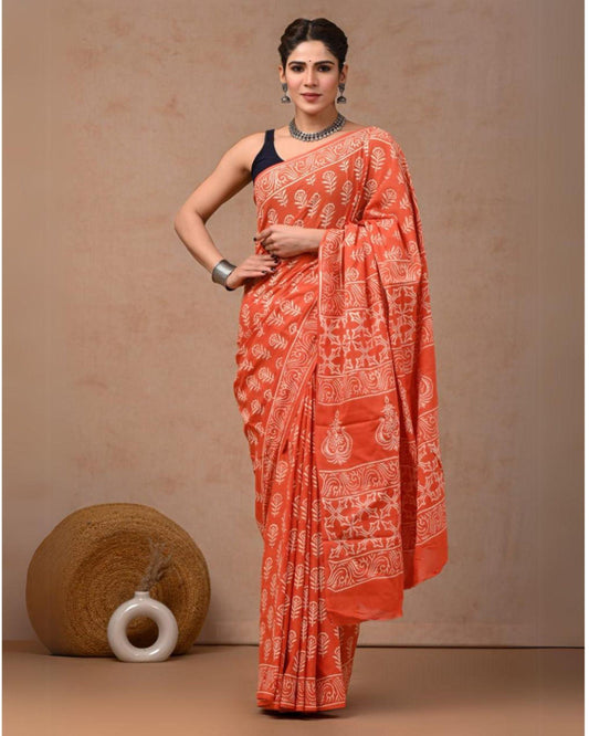Indiehaat | Mulmul Cotton Saree Orange Color Handblock Printed with Running Blouse
