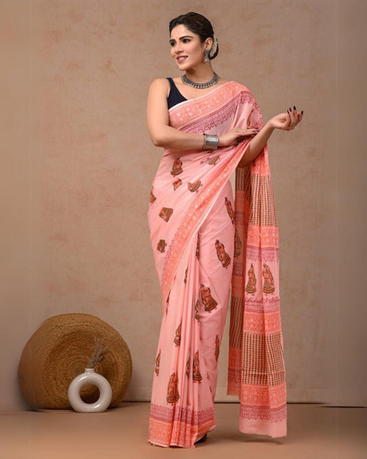 Indiehaat | Mulmul Cotton Saree Peach Color Handblock Printed with Running Blouse