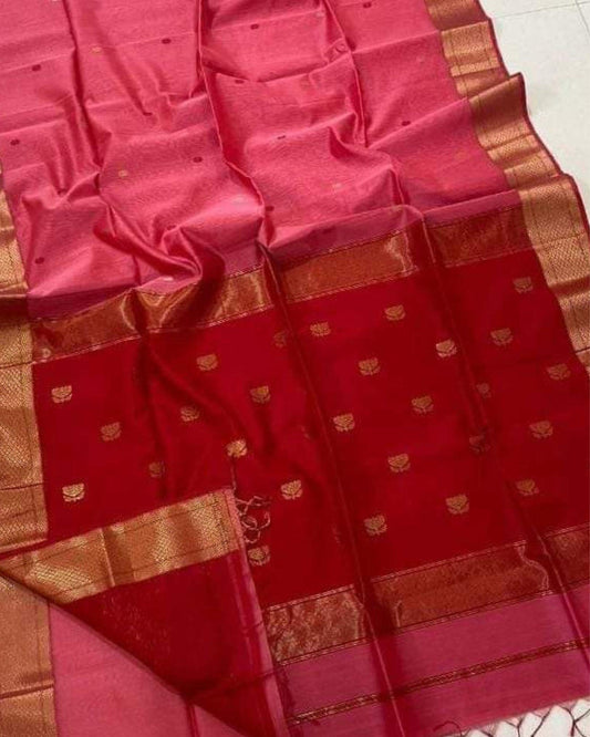 Maheshwari Silk Coral Pink Saree Lotus Buta Contrast Pallu Running Blouse|Indiehaat