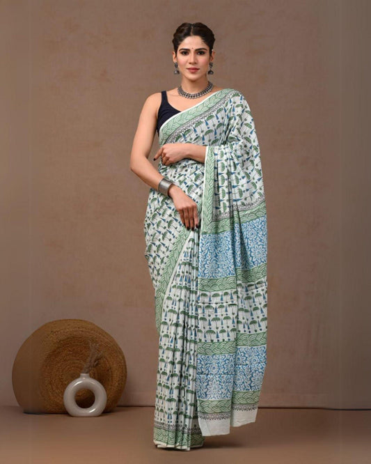 Indiehaat | Mulmul Cotton Saree White Color Handblock Printed with Running Blouse