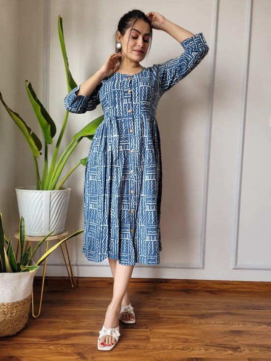 Indiehaat | Cotton Long One Piece Dress Blue Color Bagru Hand Printed Size 36 to 46