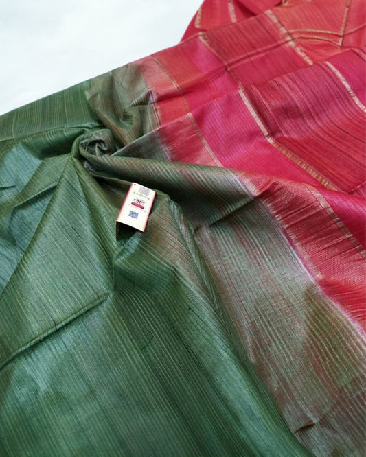 Silkmark Eri Silk Tussar Striped Green & Pink Saree