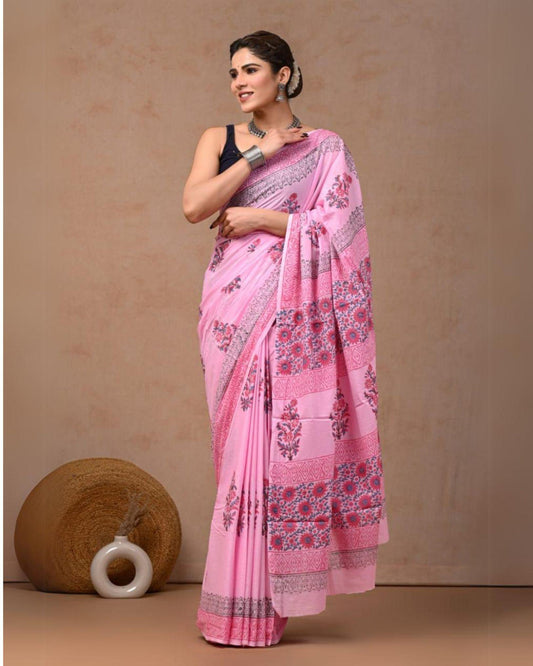 Indiehaat | Mulmul Cotton Saree Pink Color Handblock Printed with Running Blouse