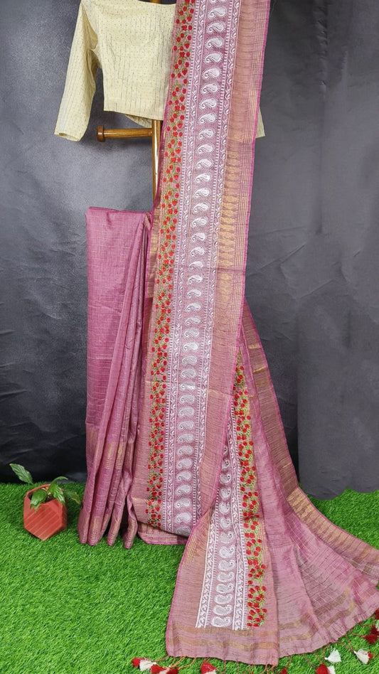 Embroidered Bansbara Tussar Silk Saree Pink