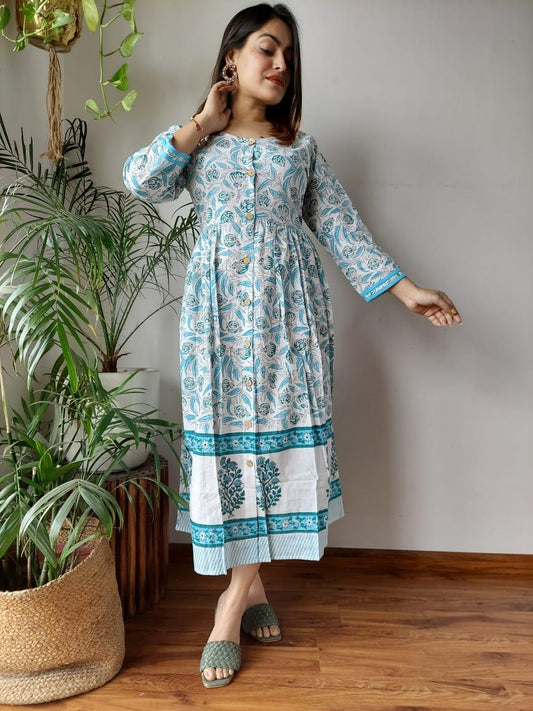 Indiehaat | Cotton Long One Piece Dress white and Pink Color Bagru Hand Printed Size 36 to 46