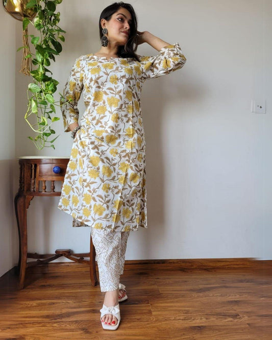 Indiehaat | Cotton Stitched Kurti Off White Color Handblock Printed With Pant