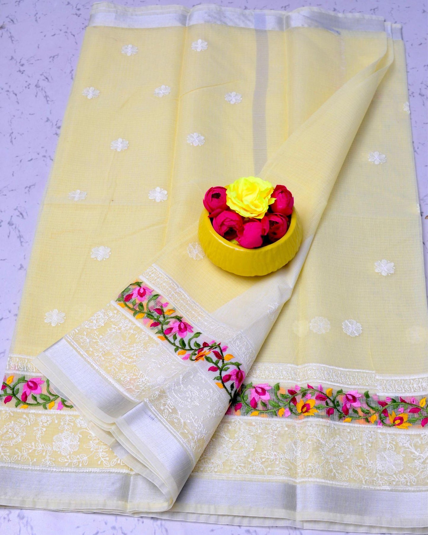 Indiehaat | Kota Doria Yellow Saree Embroidery with Running Blouse