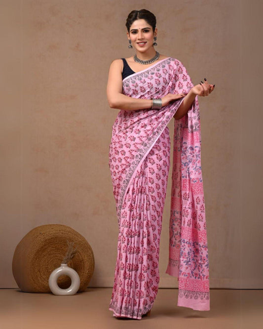 Indiehaat | Mulmul Cotton Saree pink Color Handblock Printed with Running Blouse