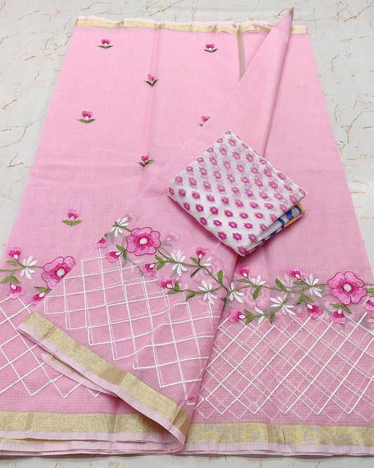 Kota Doria Light Pink Saree Embroidery
