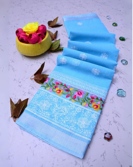 Indiehaat | Kota Doria Sky-Blue Saree Embroidery with Running Blouse