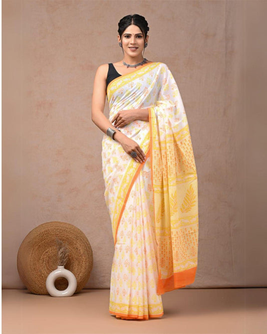 Indiehaat | Mulmul Cotton Saree White and Yellow Color Handblock Printed with Running Blouse