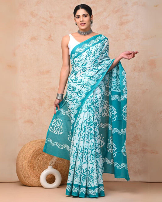 Indiehaat | Mulmul Cotton Saree White and Blue Color Handblock Printed with Running Blouse