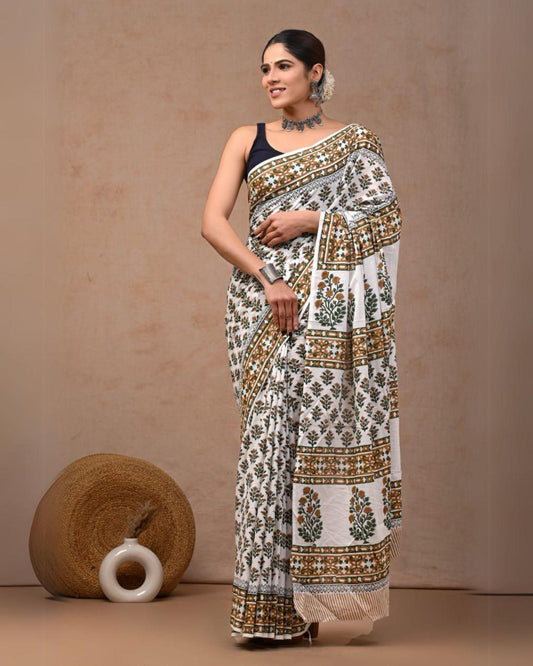 Indiehaat | Mulmul Cotton Saree White Color Handblock Printed with Running Blouse
