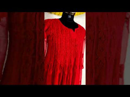 Fiery Chikankari Georgette Anarkali Gown 56 Kali Red