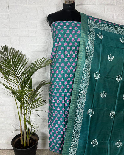 IndieHaat | Katan Silk Green Suit Printed Top+Bottom+Dupatta Ajrakh Dabu