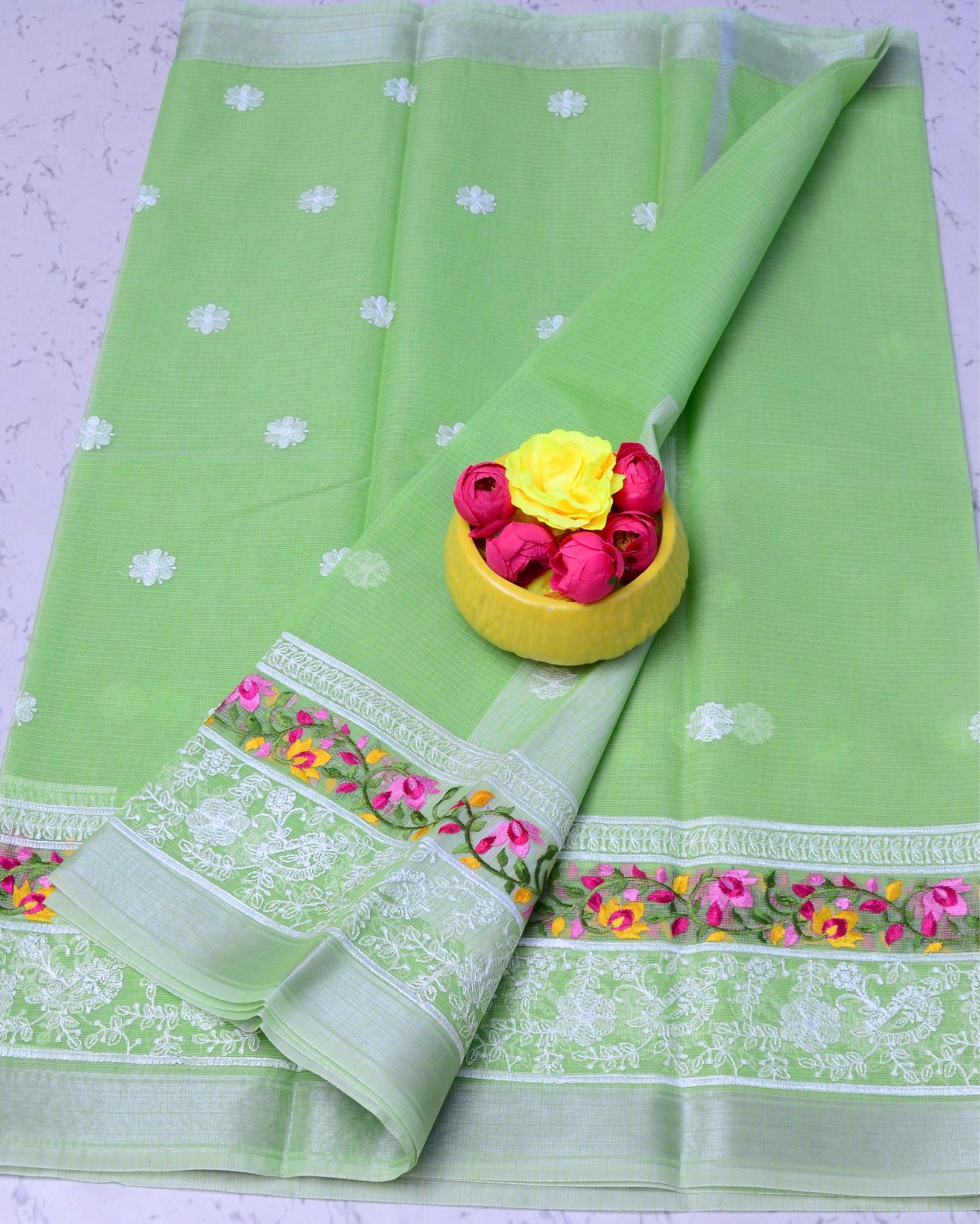 Indiehaat | Kota Doria Green Saree Embroidery With Running Blouse