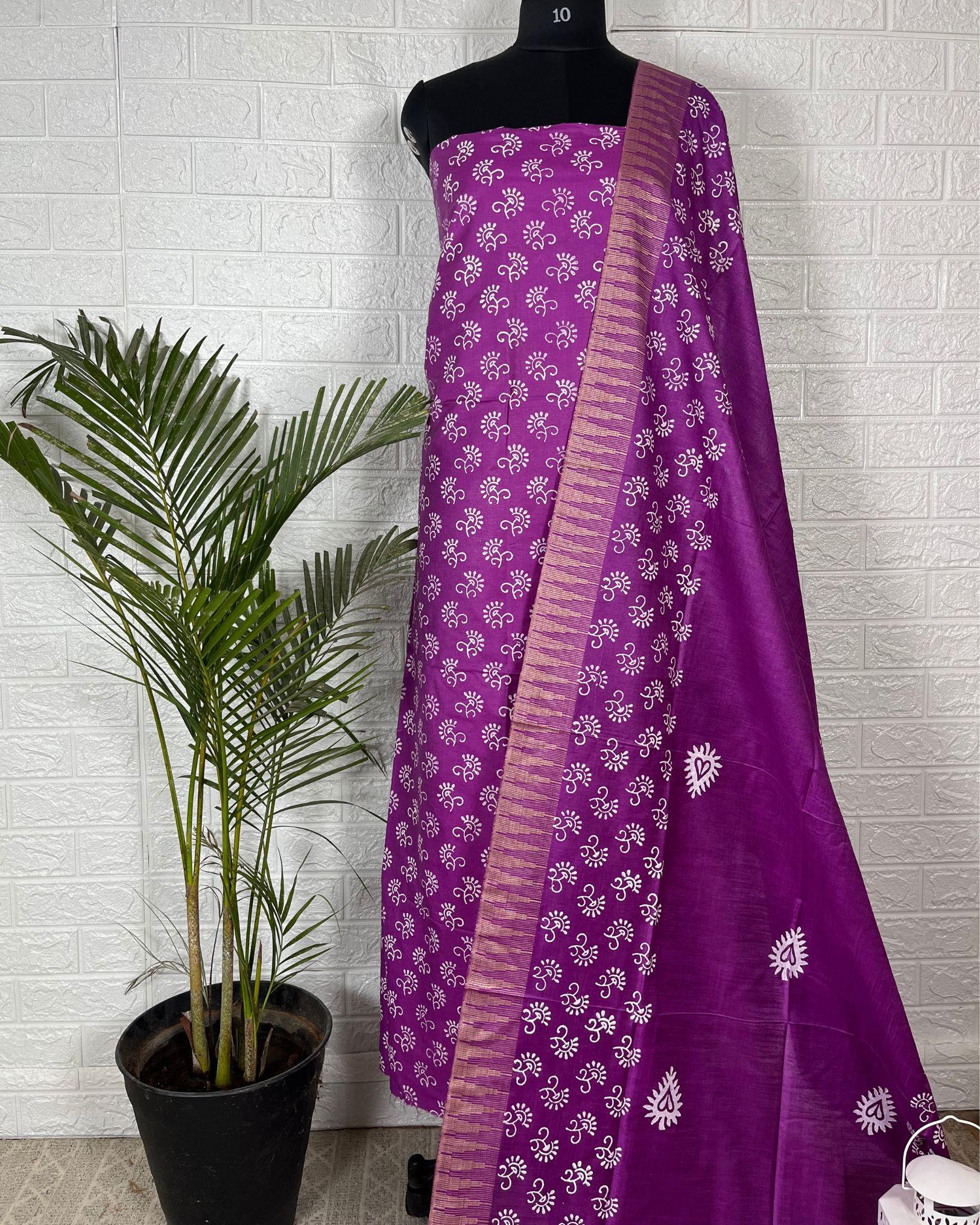 IndieHaat | Katan Silk Purple Suit Printed Top+Bottom+Dupatta Ajrakh Dabu