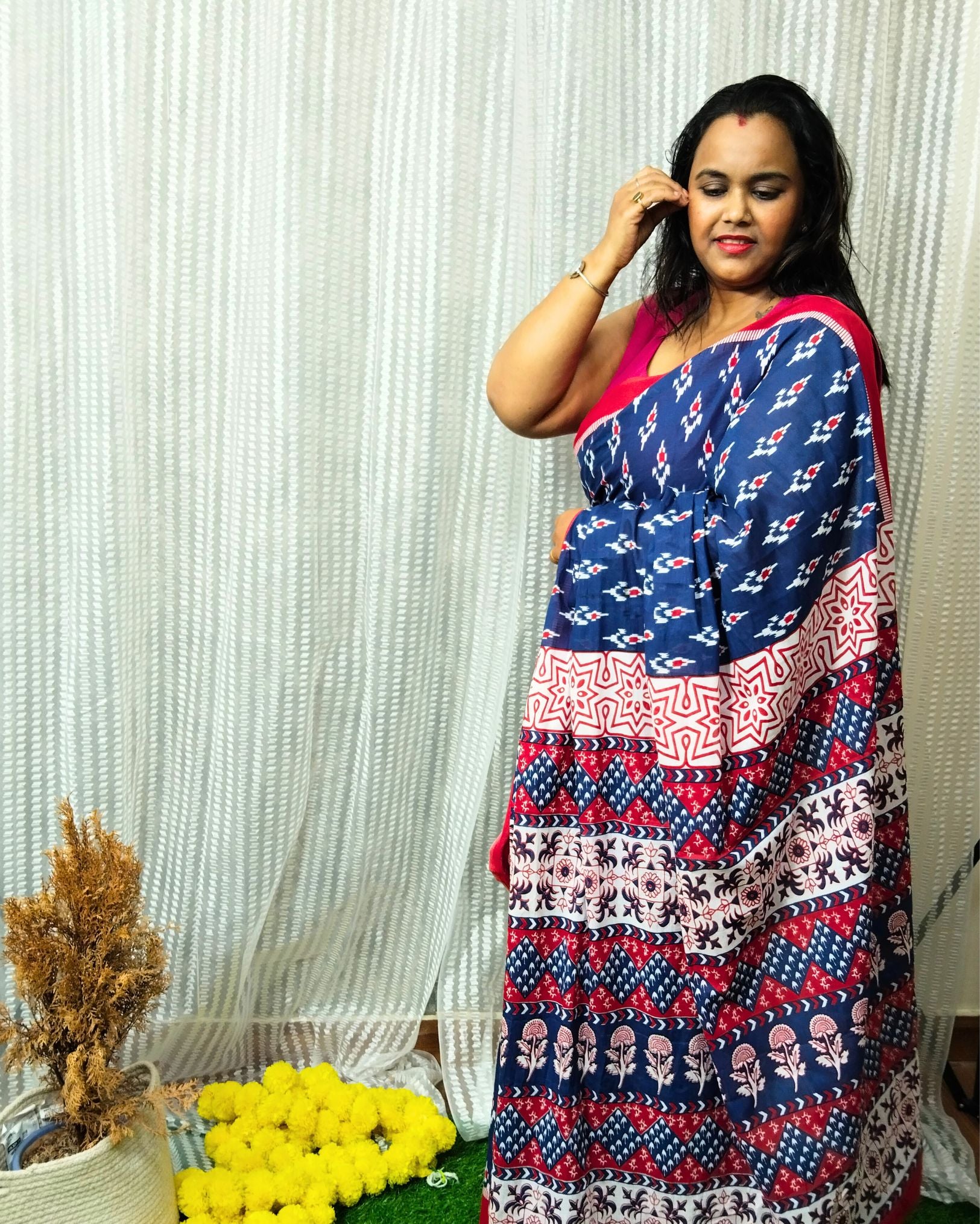 Mulmul Cotton Saree Royal Blue Color Handblock Printed with contrast blouse - IndieHaat