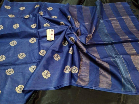 Silkmark Certified Eri Silk Embroidered Blue Saree with Blouse-Indiehaat