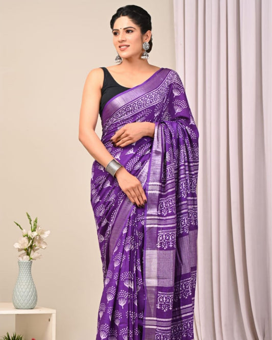 Linen Saree Royal Purple Color Handblock Kalamkari Printed with running blouse - IndieHaat