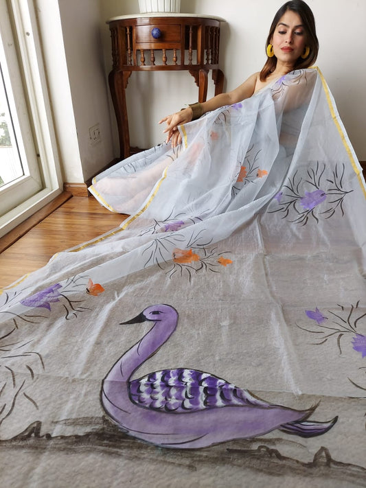 Organza Silk Saree Lavender Grey Color Hand Painted with running blouse - IndieHaat