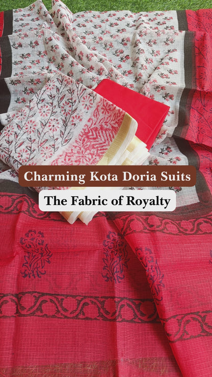 Quaint Kota Doria Red Blockprinted Suit (Top+Dupatta+Bottom)