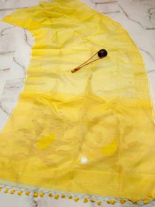 Tissue Muslin Saree Yellow Color Jamdani Weaving with running blouse - IndieHaat