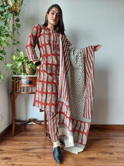 Classic Cotton Suit (T+B+D) Set Handblock Print Red