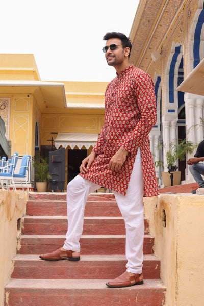 Fiery Cotton Designer Men'S Kurta Blockprinted Red