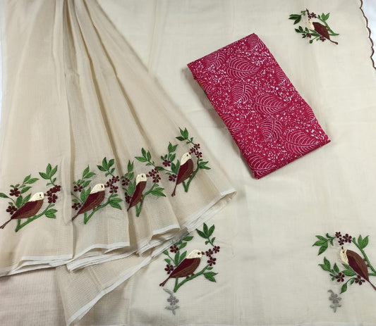 Kota Doria Embroidery Beige color Saree with blouse Handcrafted-Indiehaat