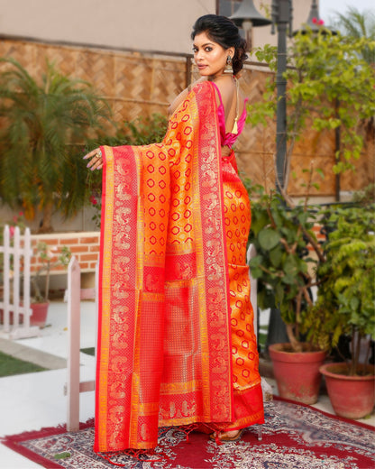 Kashmiri Modal Silk Saree Bright Orange Color with Coral Red Pallu and blouse - IndieHaat