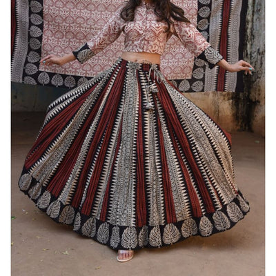 Fiery Blockprinted Stitched Cotton Red Lehanga Choli Set