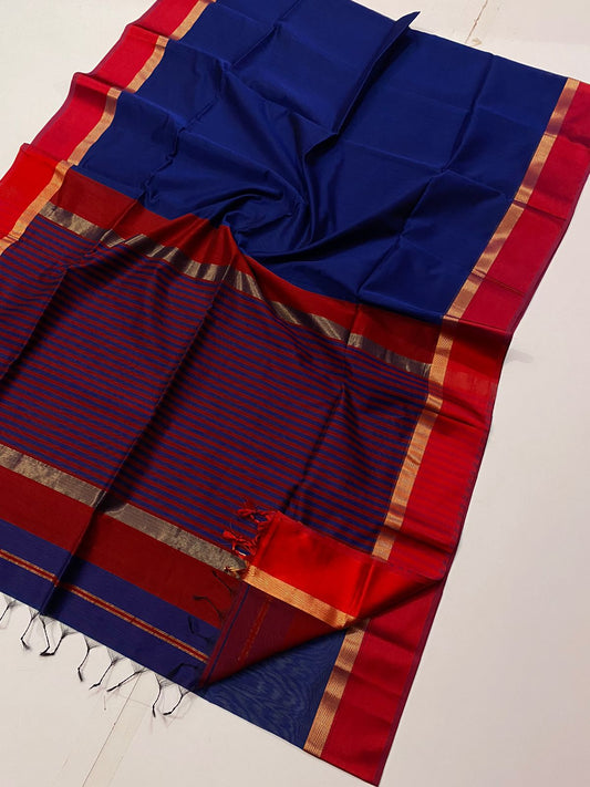Maheshwari Handloom Cotton Silk Saree Dark Blue Color with contrast Pallu and blouse - IndieHaat
