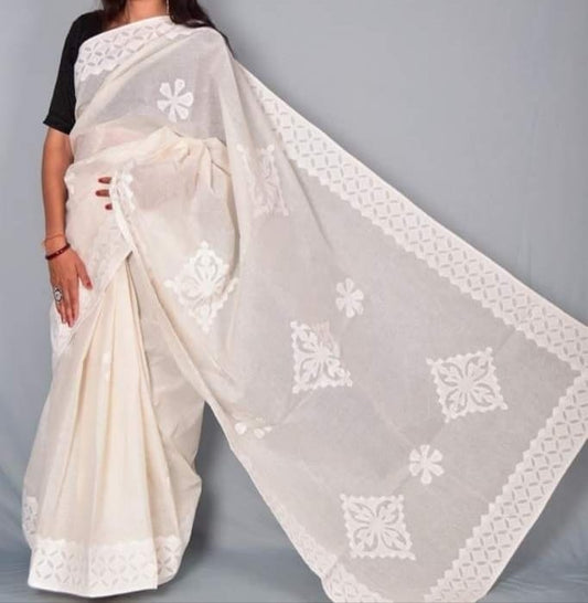Organdy Cotton Saree Applique work Coffee White Colour with running blouse-Indiehaat