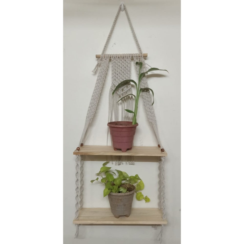 macrame wood plant hanger Macrame Plant White Hanger With Double Pinewood Height - 34 Inches, Wooden Stand