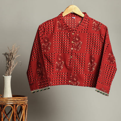 Crop Top Stitched Blouse Red Pure Cotton Bagru Handblock Printed-Indiehaat