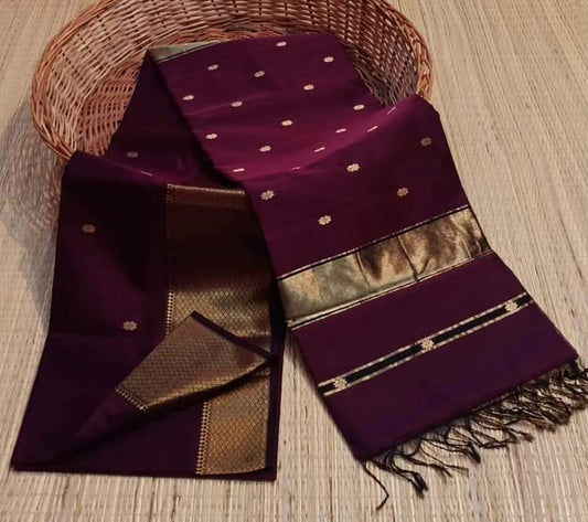 Maheshwari Cotton Silk Saree Butta Body Dark Violet Color and contrast blouse with butta design - IndieHaat