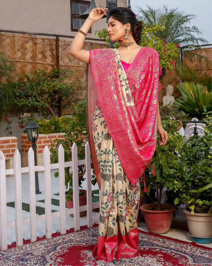 Kashmiri Modal Silk Saree Beige Color with Rani Pink Pallu and blouse - IndieHaat