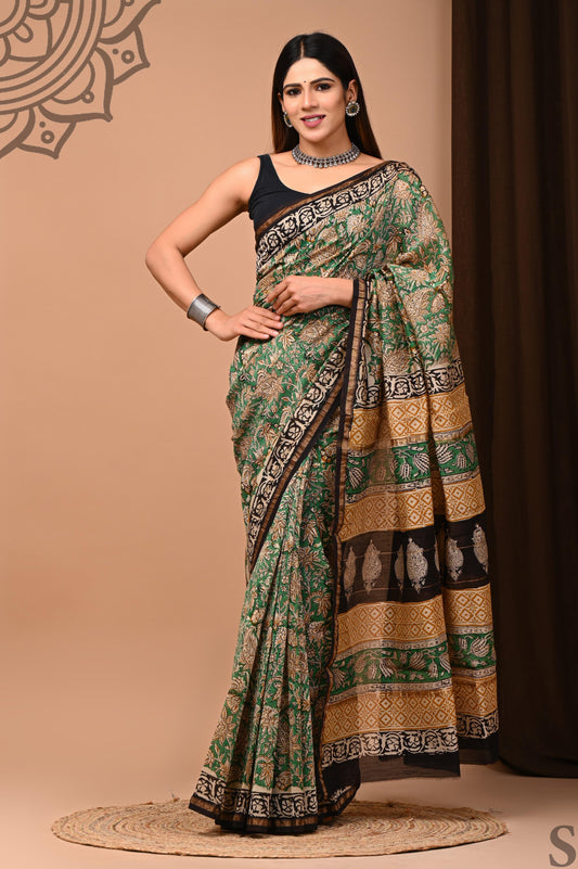 Pure Chanderi Silk  Green  Saree Handblock Printed with running blouse
