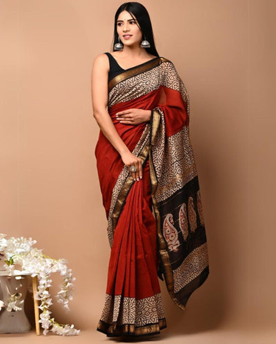 Whispering Maheshwari Pure Silk Red Saree Blockprint