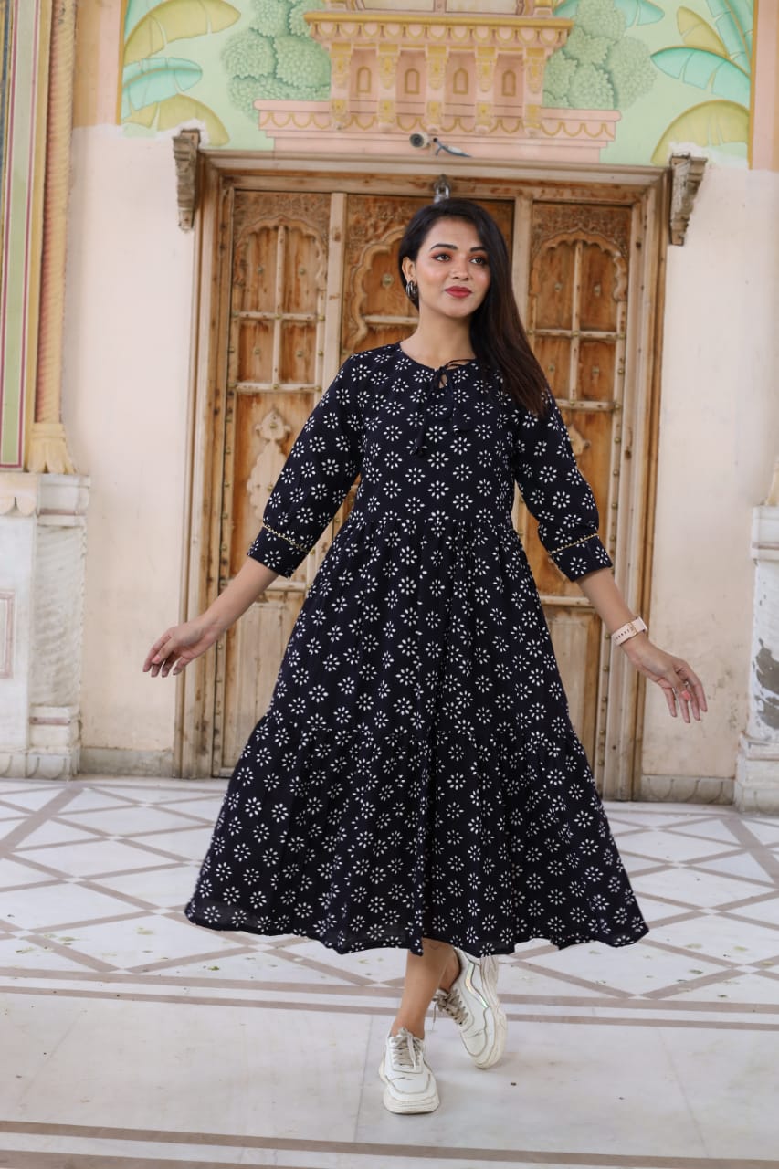 Cotton Frill One Piece Dress Black Color Bagru Handblock Printed