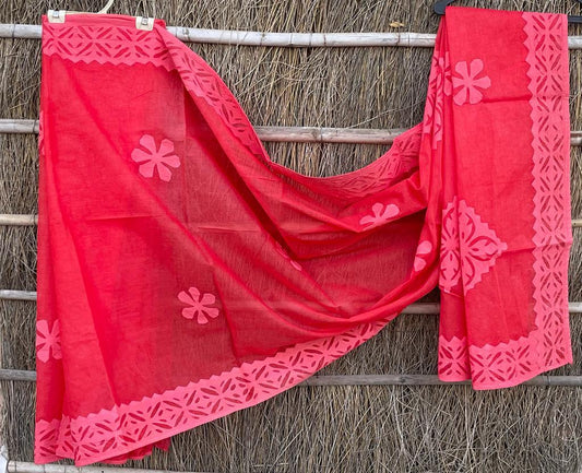Organdy Cotton Saree Applique work Crayola Red Colour with running blouse-Indiehaat